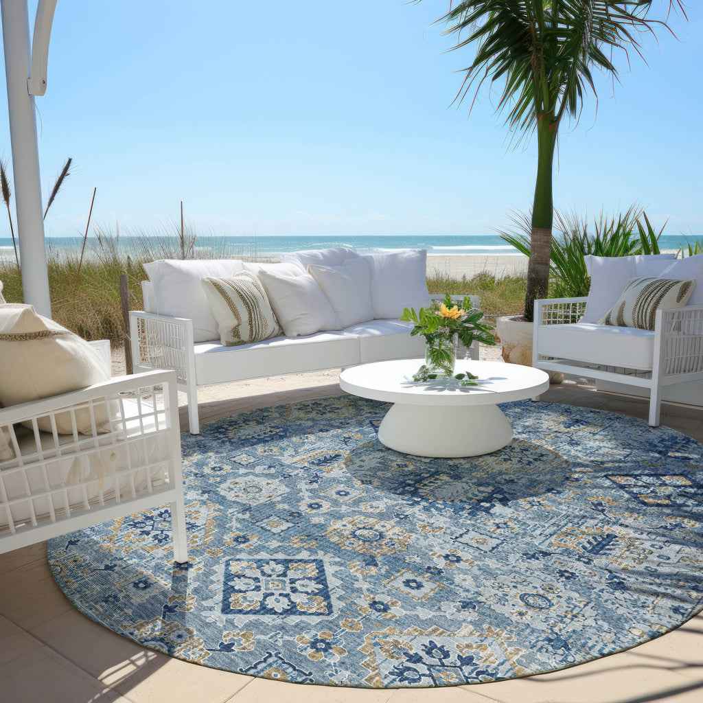 8' Denim Blue And Gold Round Floral Medallion Washable Indoor Outdoor Area Rug