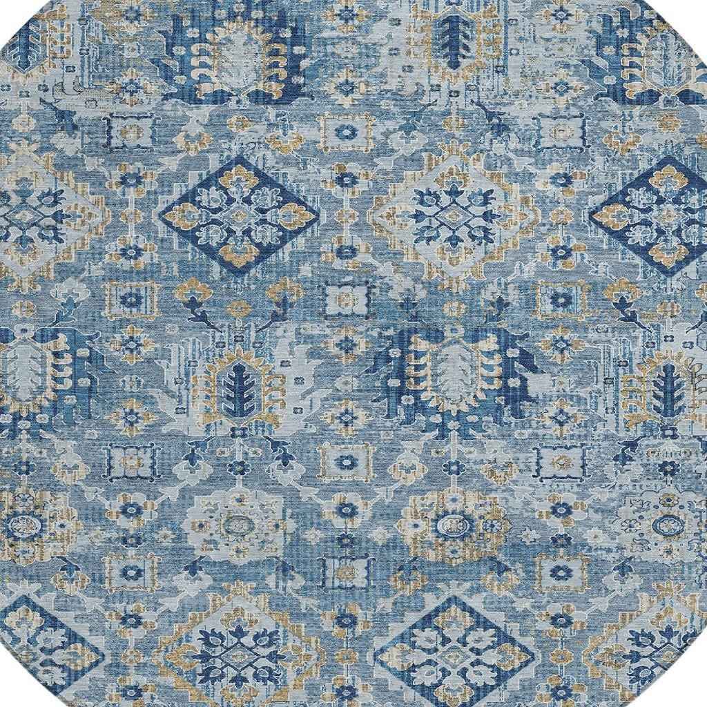 8' Denim Blue And Gold Round Floral Medallion Washable Indoor Outdoor Area Rug