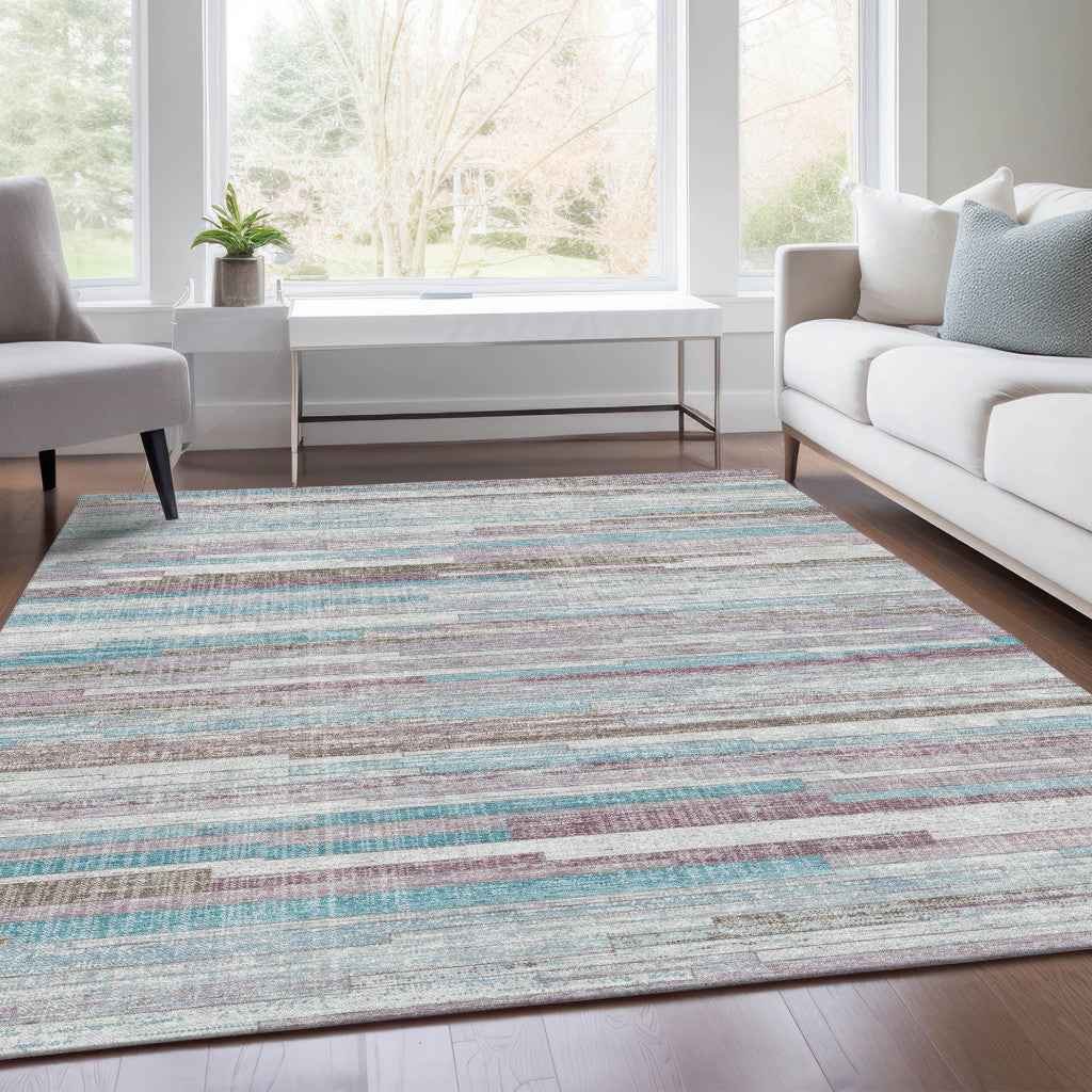 3' X 5' Teal Blue And Beige Striped Washable Indoor Outdoor Area Rug