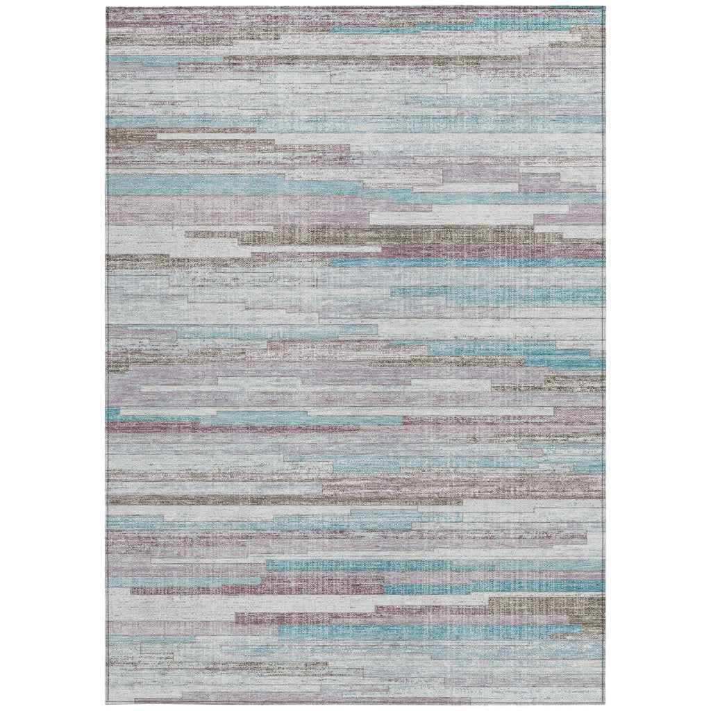 3' X 5' Teal Blue And Beige Striped Washable Indoor Outdoor Area Rug
