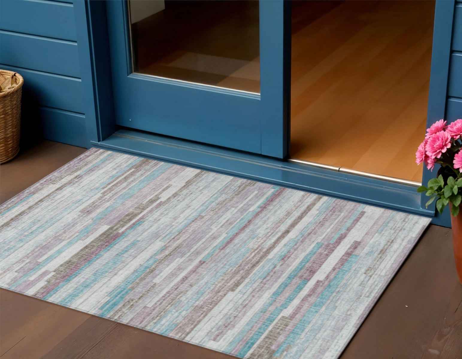 3' X 5' Teal Blue And Beige Striped Washable Indoor Outdoor Area Rug