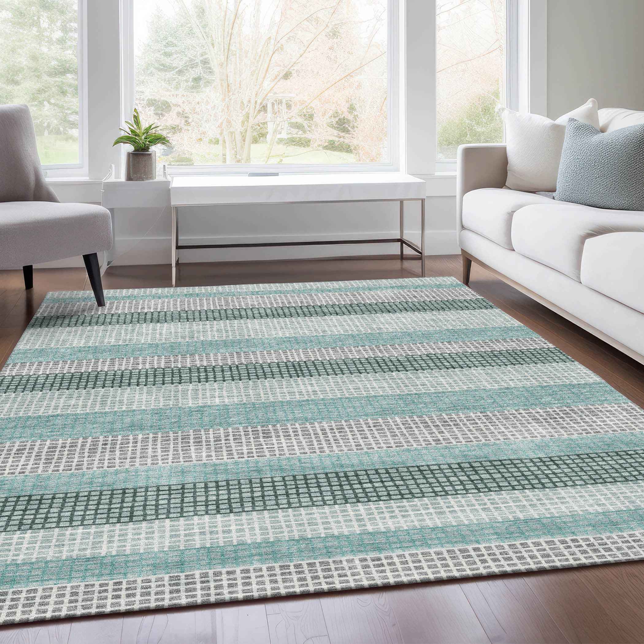 3' X 5' Teal Blue And Ivory Striped Washable Indoor Outdoor Area Rug