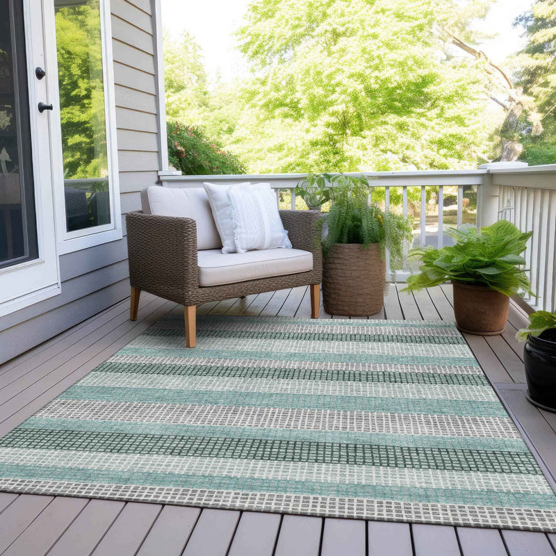 3' X 5' Teal Blue And Ivory Striped Washable Indoor Outdoor Area Rug