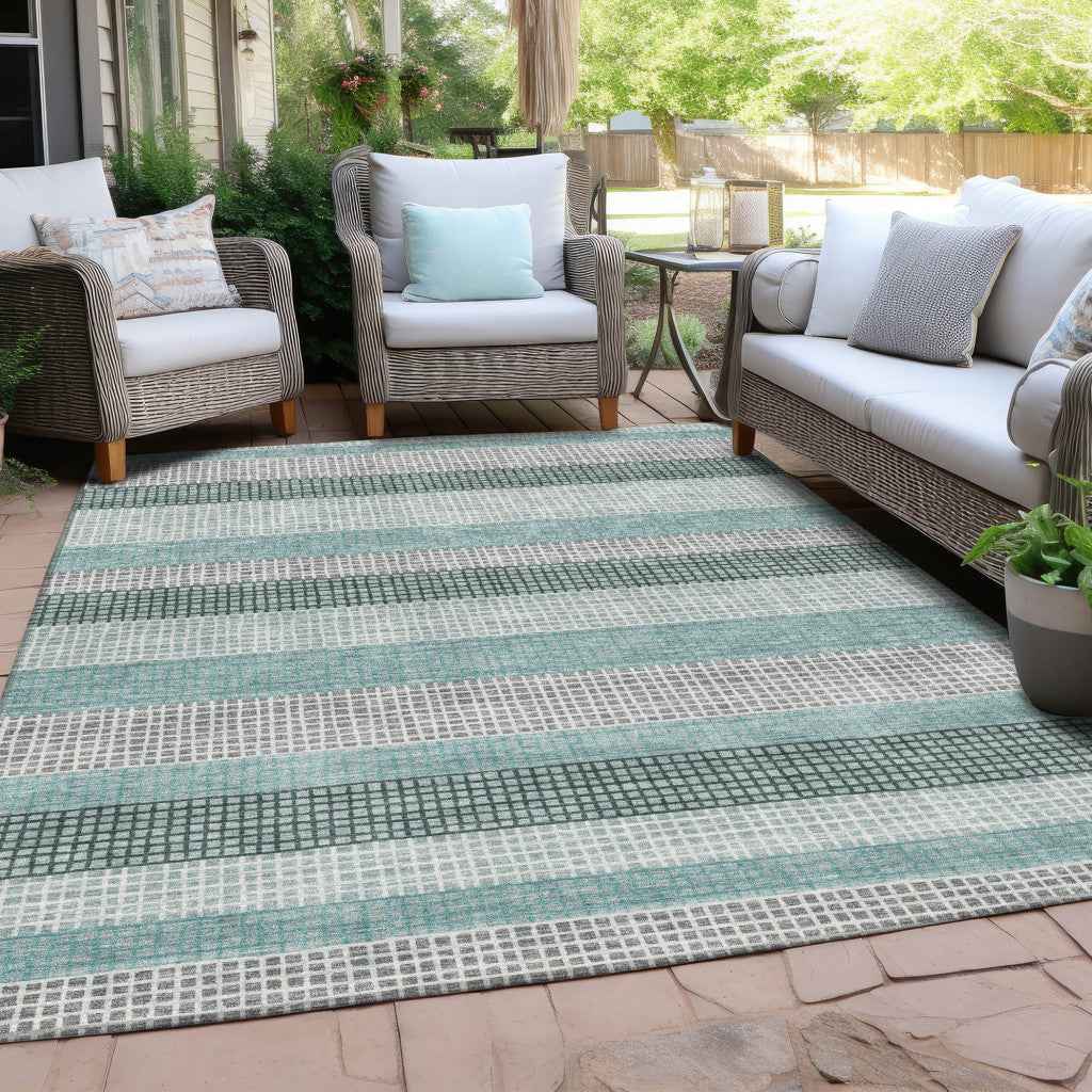 3' X 5' Teal Blue And Ivory Striped Washable Indoor Outdoor Area Rug