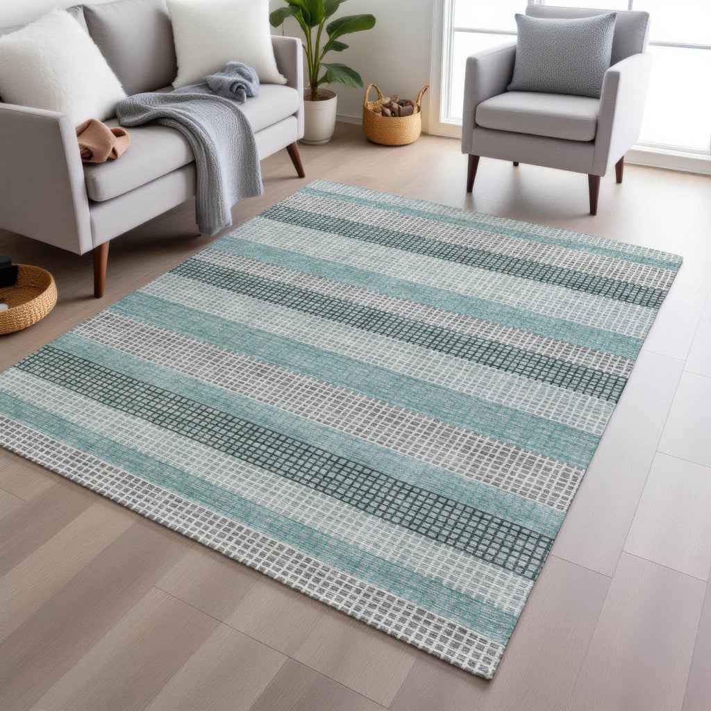 3' X 5' Teal Blue And Ivory Striped Washable Indoor Outdoor Area Rug