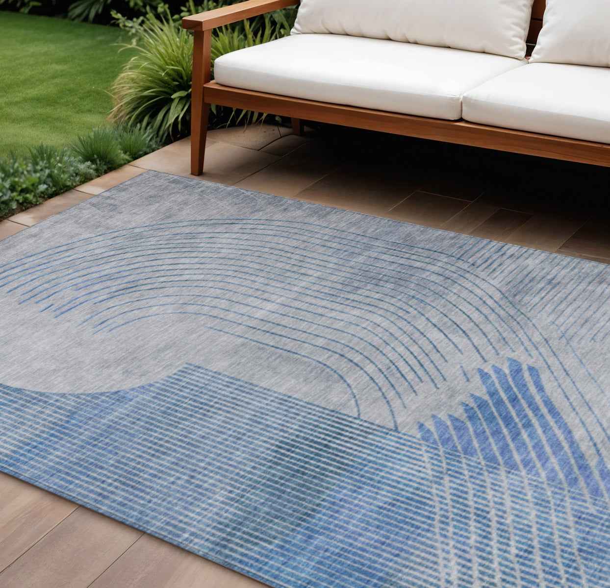 8' X 10' Blue And Gray Geometric Washable Indoor Outdoor Area Rug