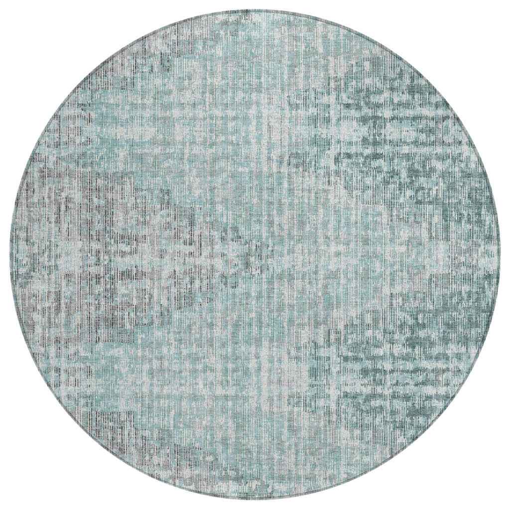 8' Teal Blue And Ivory Round Geometric Washable Indoor Outdoor Area Rug