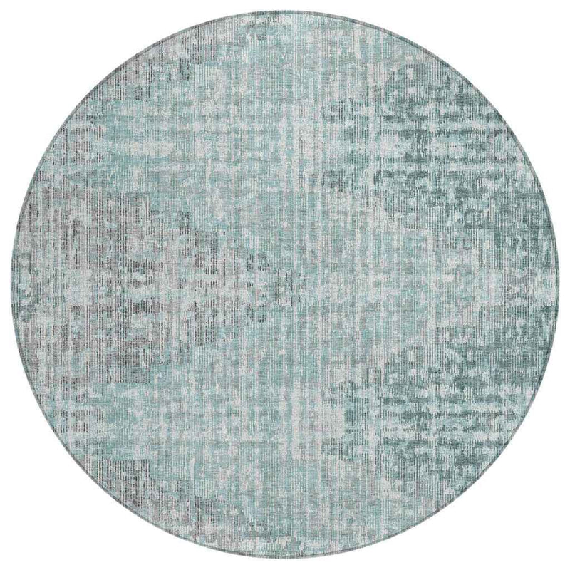 8' Teal Blue And Ivory Round Geometric Washable Indoor Outdoor Area Rug