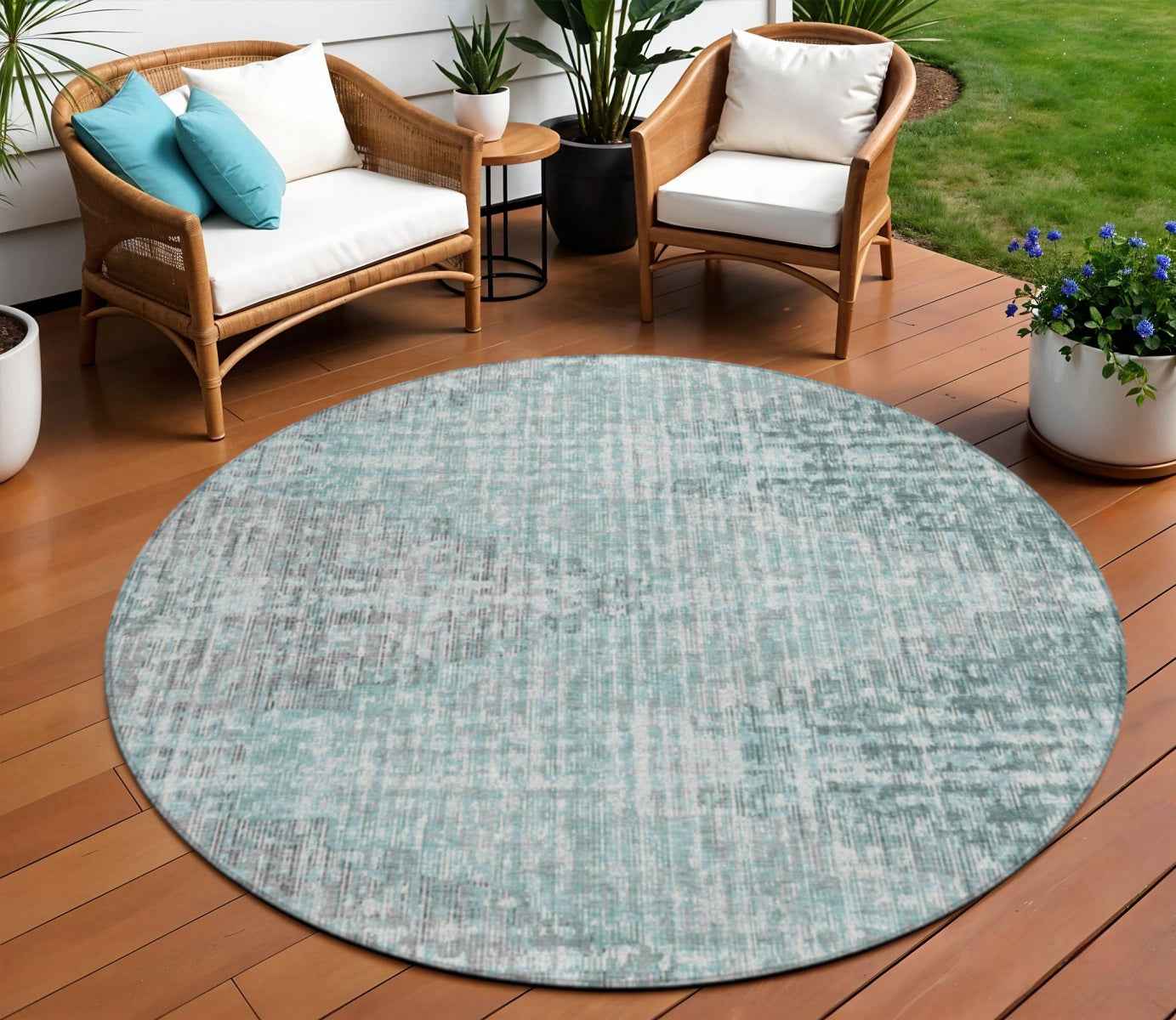 8' Teal Blue And Ivory Round Geometric Washable Indoor Outdoor Area Rug