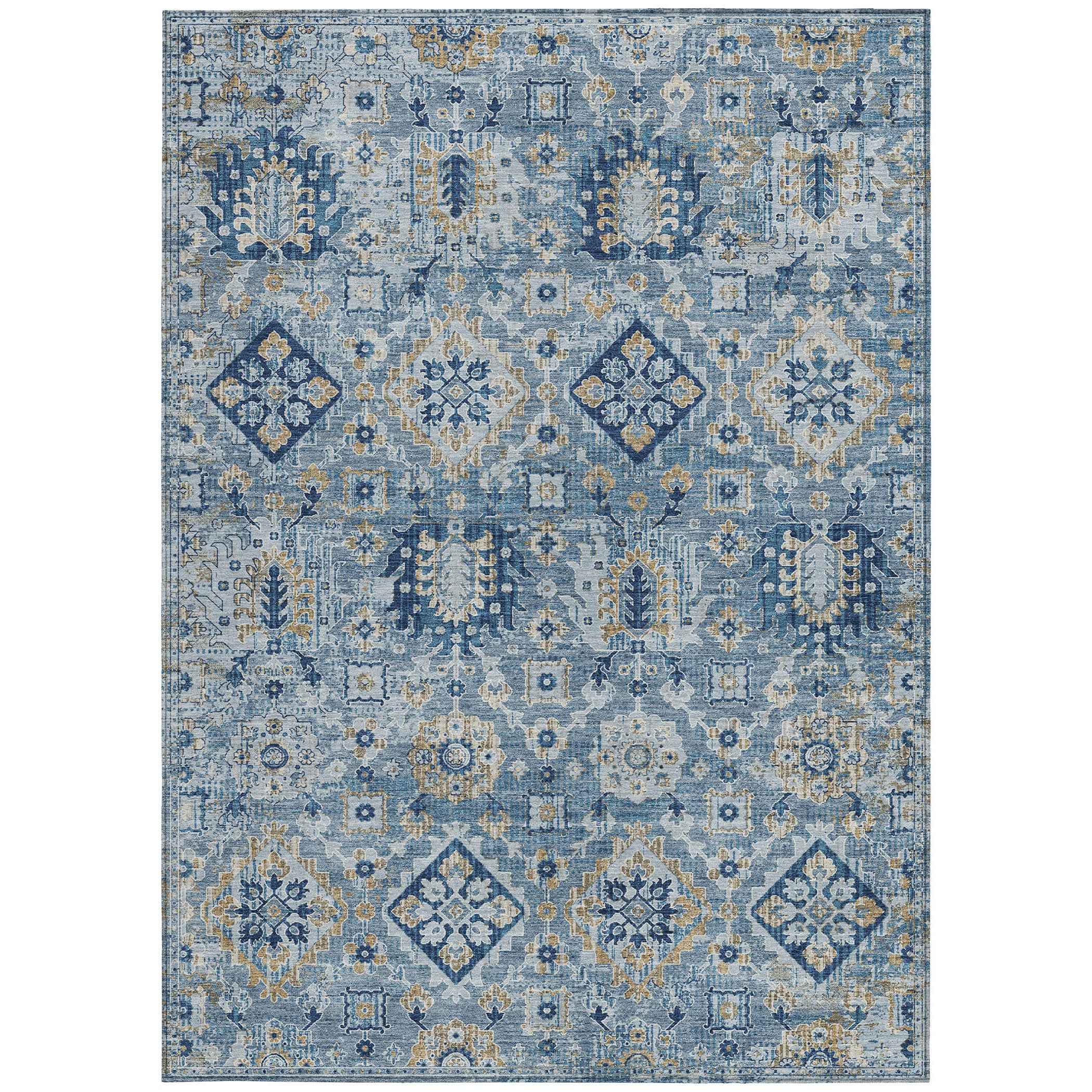 3' X 5' Denim Blue And Gold Floral Medallion Washable Indoor Outdoor Area Rug