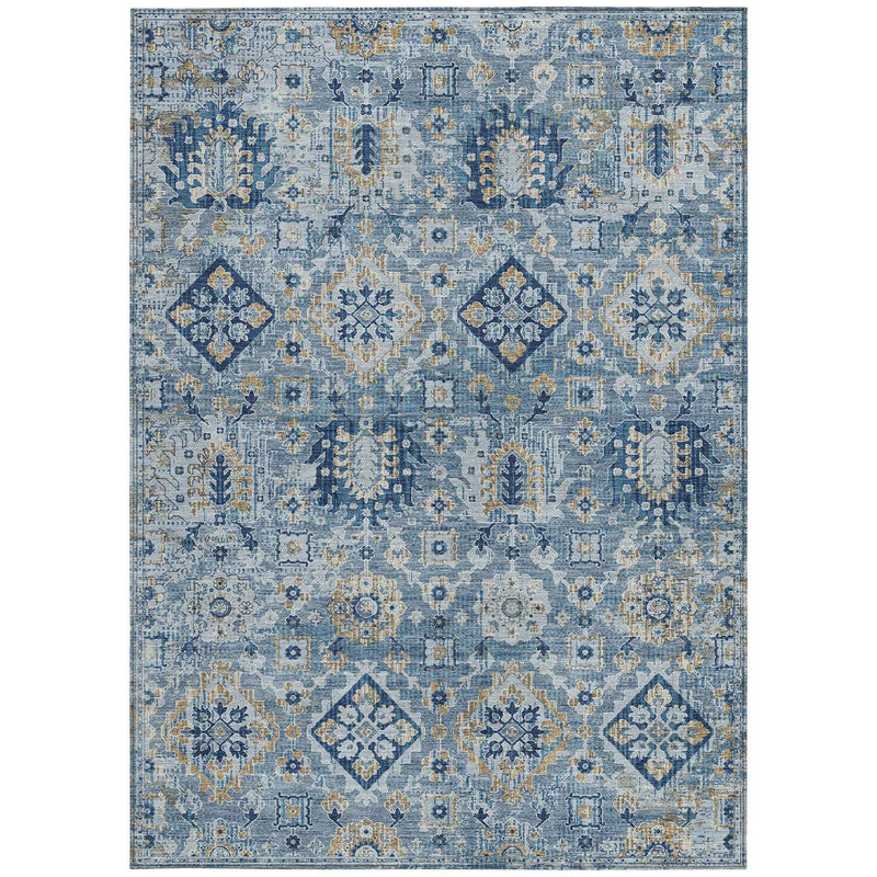 3' X 5' Denim Blue And Gold Floral Medallion Washable Indoor Outdoor Area Rug