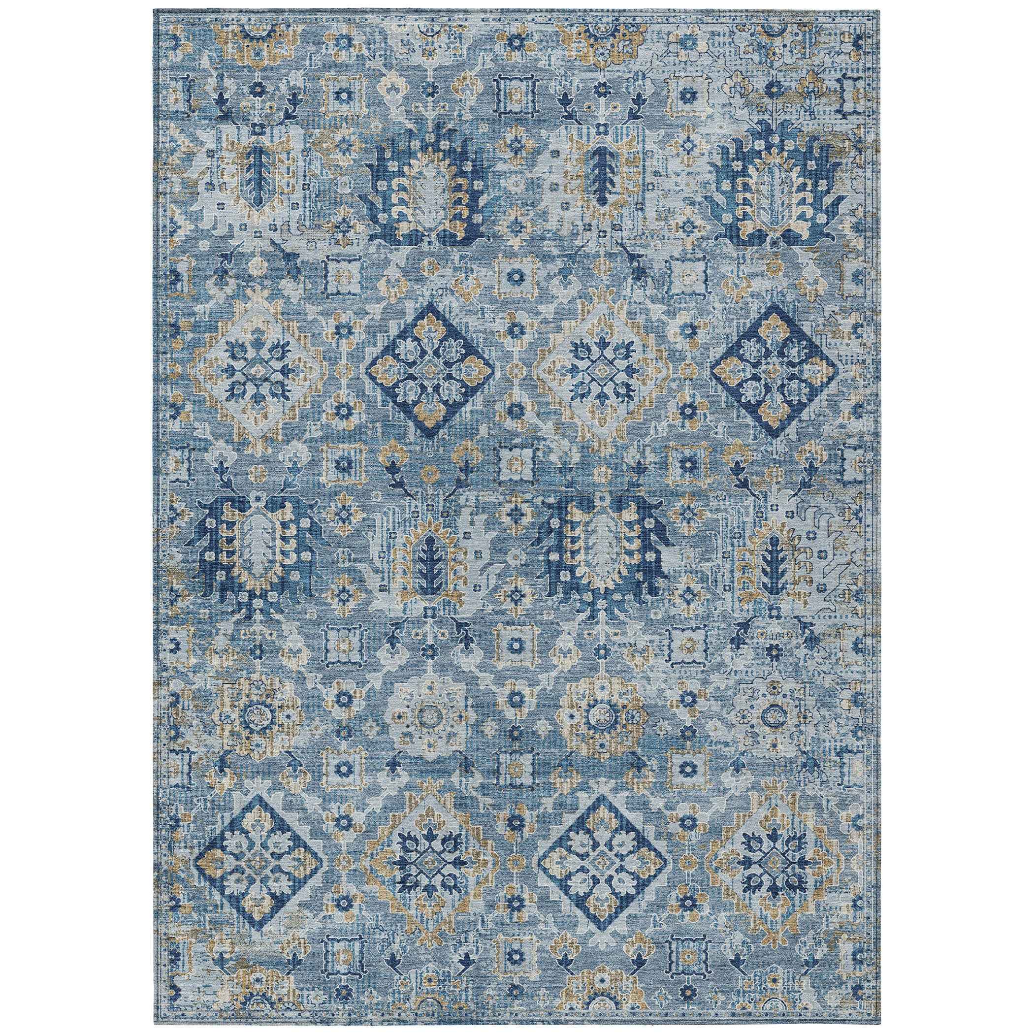 3' X 5' Denim Blue And Gold Floral Medallion Washable Indoor Outdoor Area Rug