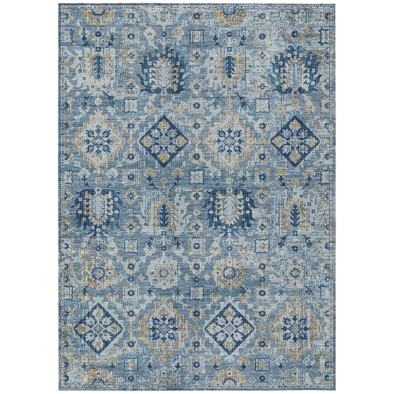 3' X 5' Denim Blue And Gold Floral Medallion Washable Indoor Outdoor Area Rug
