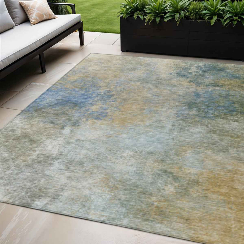 5' X 8' Khaki And Navy Blue Abstract Washable Indoor Outdoor Area Rug