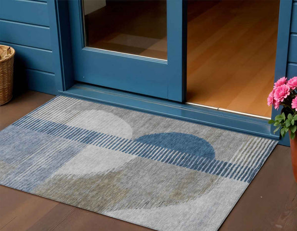 3' X 5' Denim Blue And Ivory Geometric Washable Indoor Outdoor Area Rug