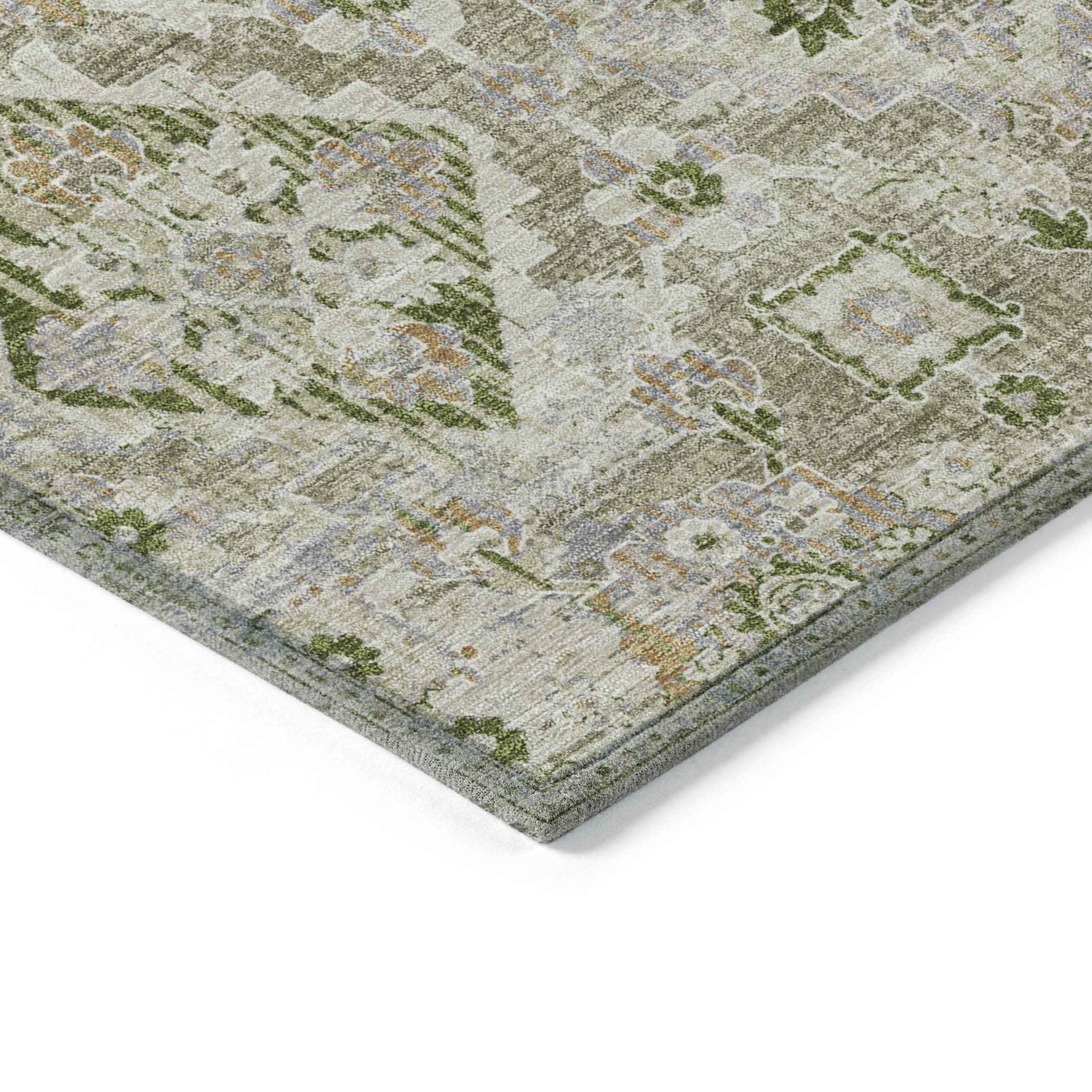 3' X 5' Fern Green And Beige Floral Medallion Washable Indoor Outdoor Area Rug