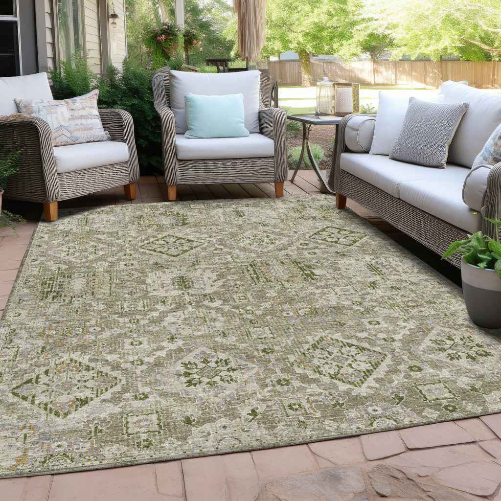 3' X 5' Fern Green And Beige Floral Medallion Washable Indoor Outdoor Area Rug
