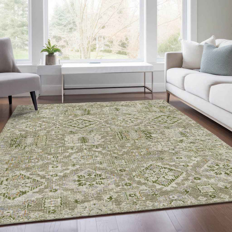 3' X 5' Fern Green And Beige Floral Medallion Washable Indoor Outdoor Area Rug