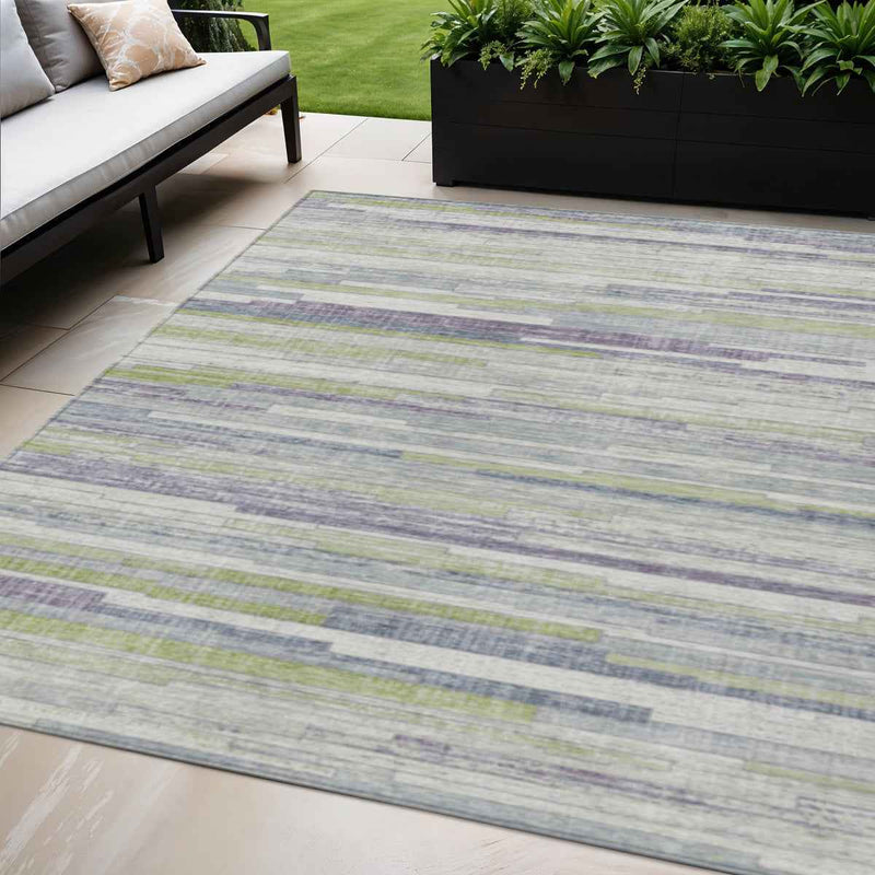 5' X 8' Artichoke Green And Plum Striped Washable Indoor Outdoor Area Rug