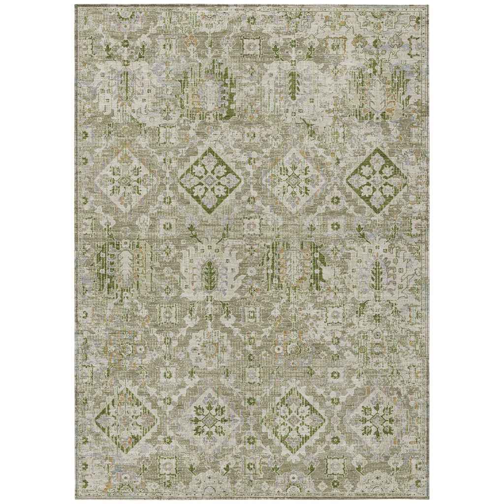 3' X 5' Fern Green And Beige Floral Medallion Washable Indoor Outdoor Area Rug