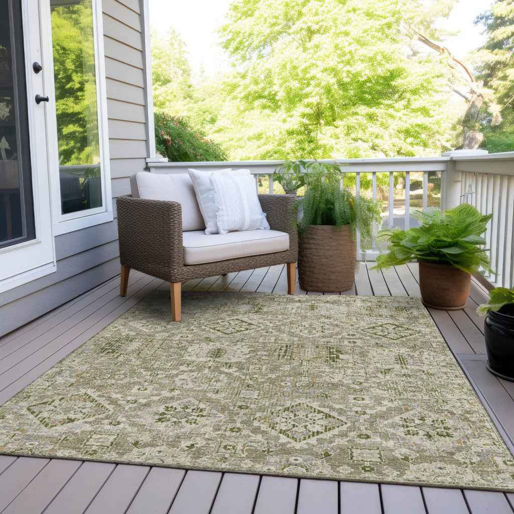3' X 5' Fern Green And Beige Floral Medallion Washable Indoor Outdoor Area Rug