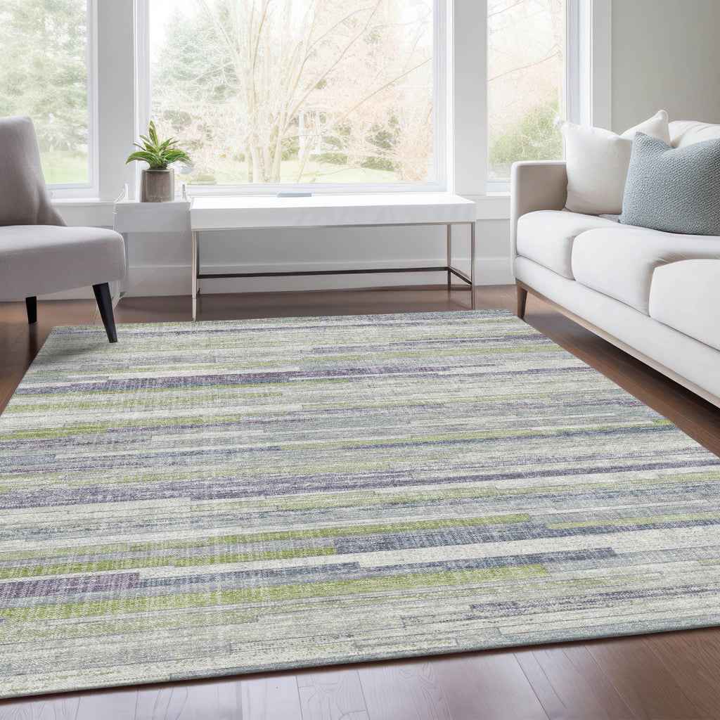 5' X 8' Artichoke Green And Plum Striped Washable Indoor Outdoor Area Rug