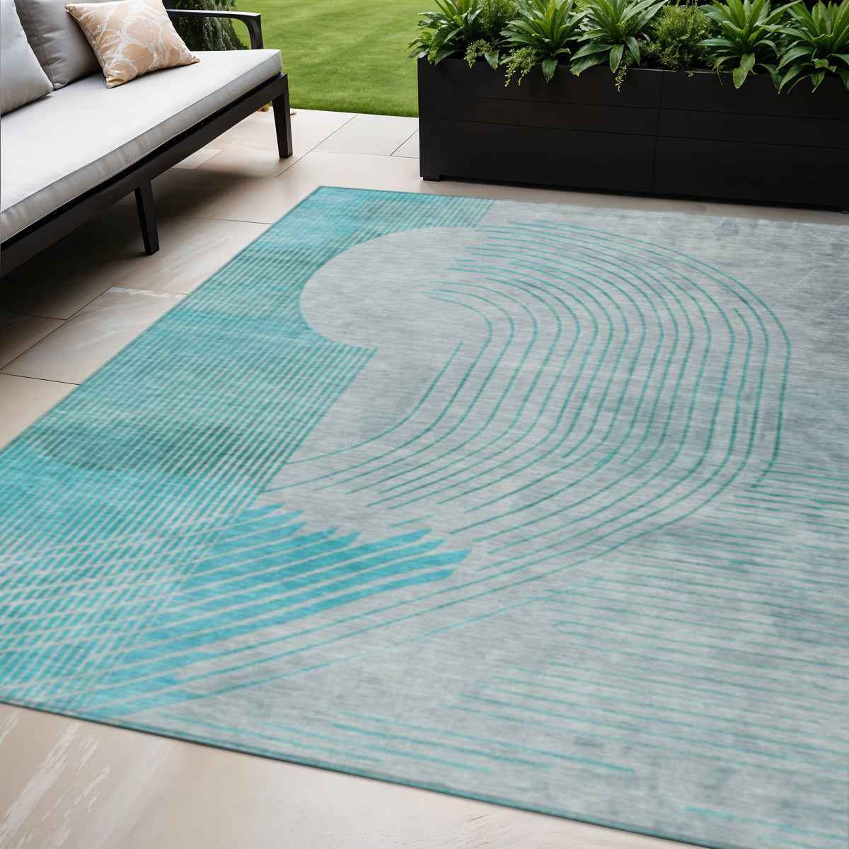 5' X 8' Teal Blue And Beige Geometric Washable Indoor Outdoor Area Rug