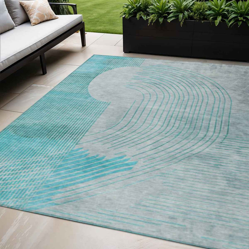5' X 8' Teal Blue And Beige Geometric Washable Indoor Outdoor Area Rug