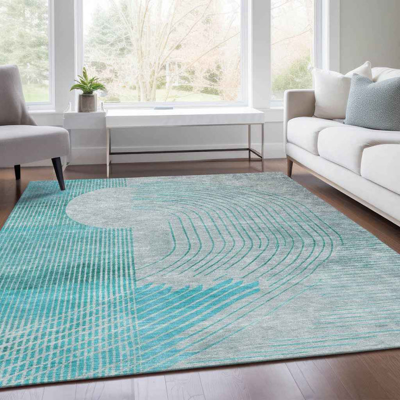 5' X 8' Teal Blue And Beige Geometric Washable Indoor Outdoor Area Rug