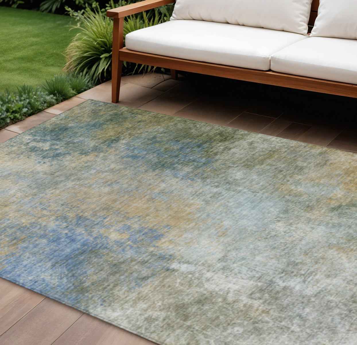 9' X 12' Khaki And Navy Blue Abstract Washable Indoor Outdoor Area Rug