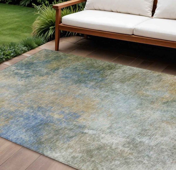 9' X 12' Khaki And Navy Blue Abstract Washable Indoor Outdoor Area Rug