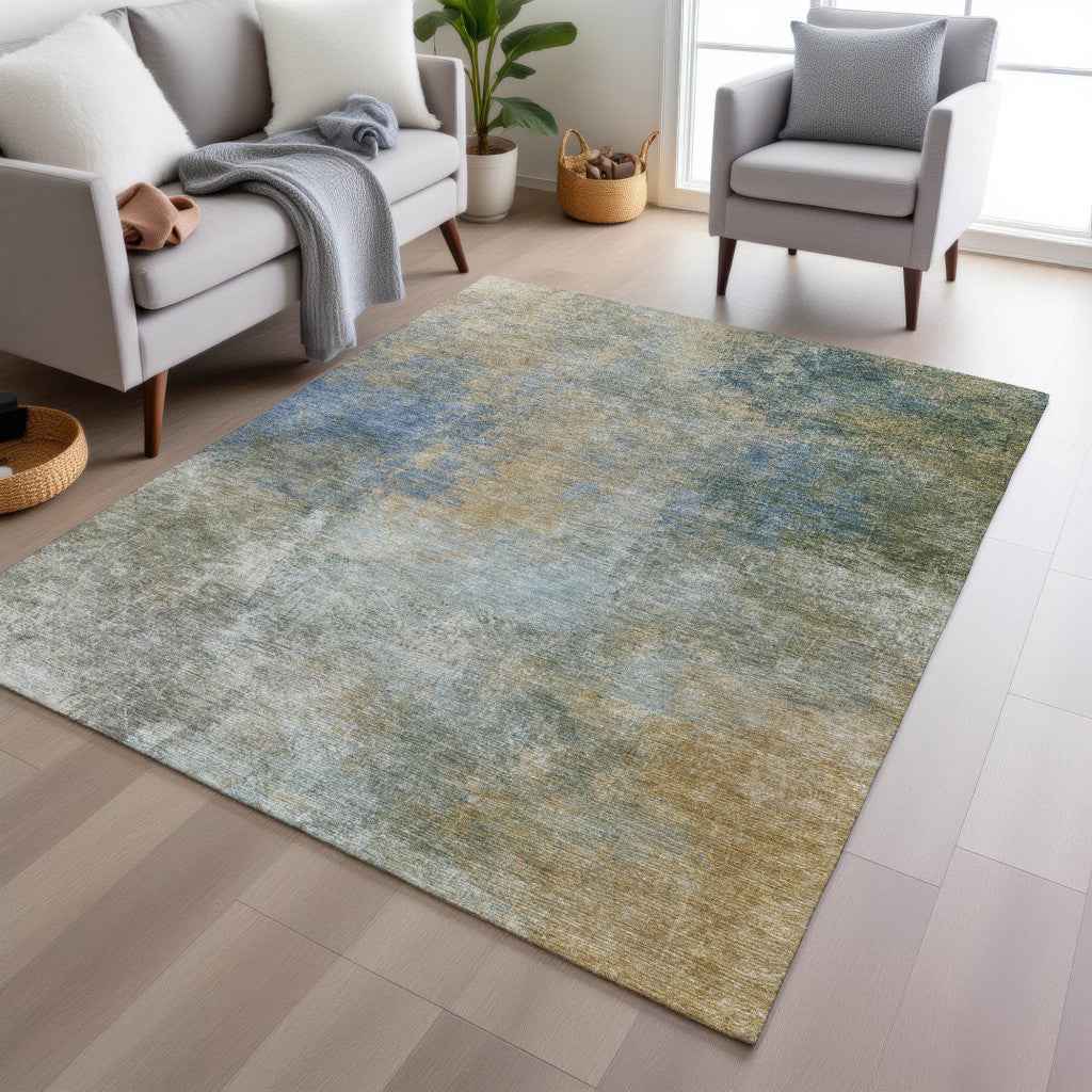 9' X 12' Khaki And Navy Blue Abstract Washable Indoor Outdoor Area Rug