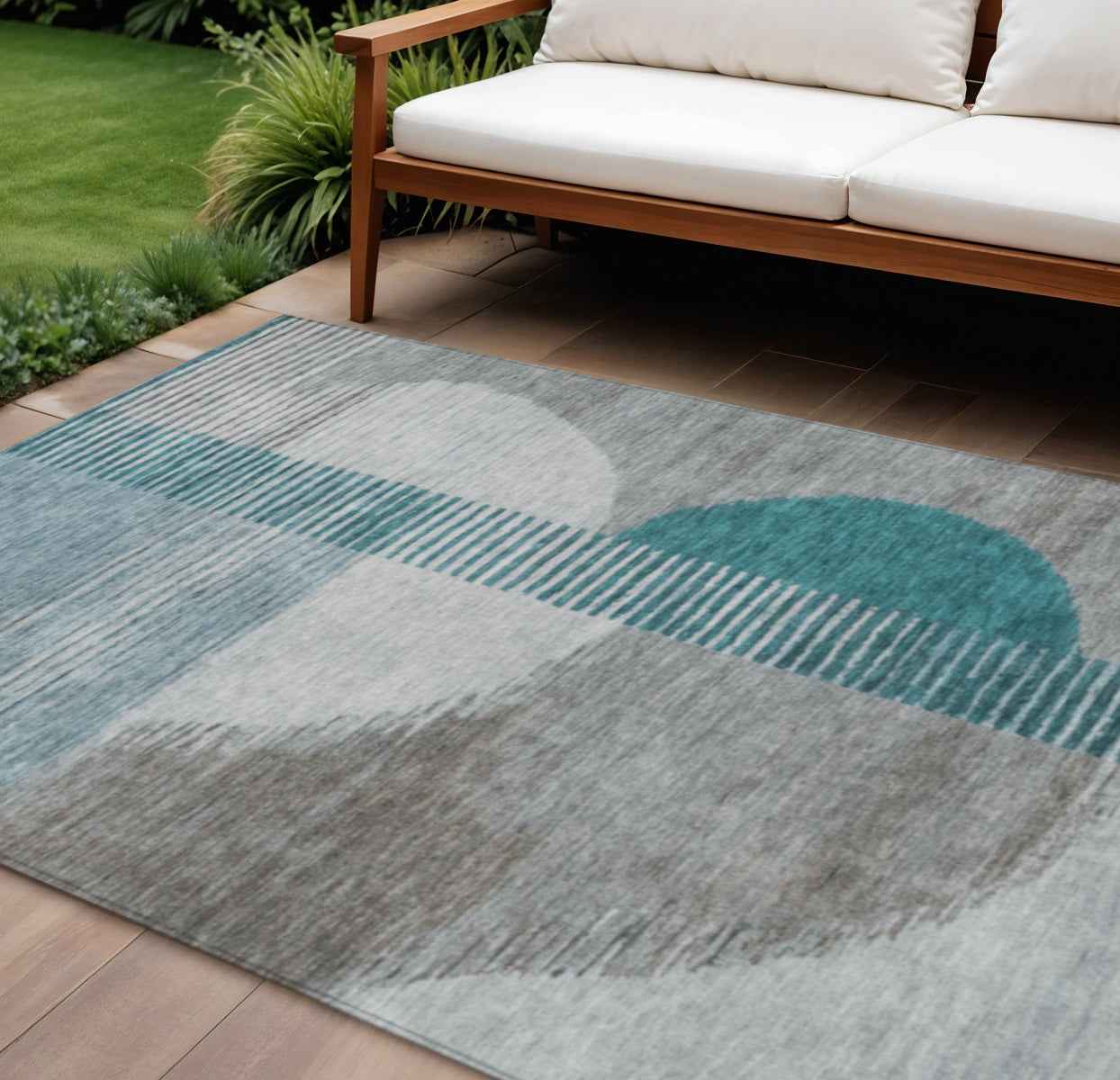 10' X 14' Teal Blue And Gray Geometric Washable Indoor Outdoor Area Rug