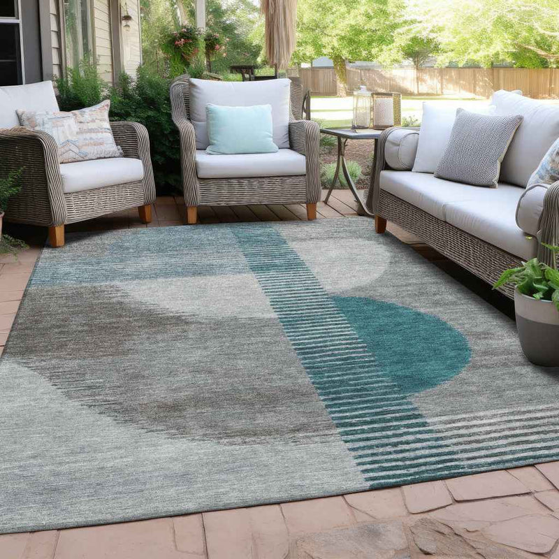 10' X 14' Teal Blue And Gray Geometric Washable Indoor Outdoor Area Rug