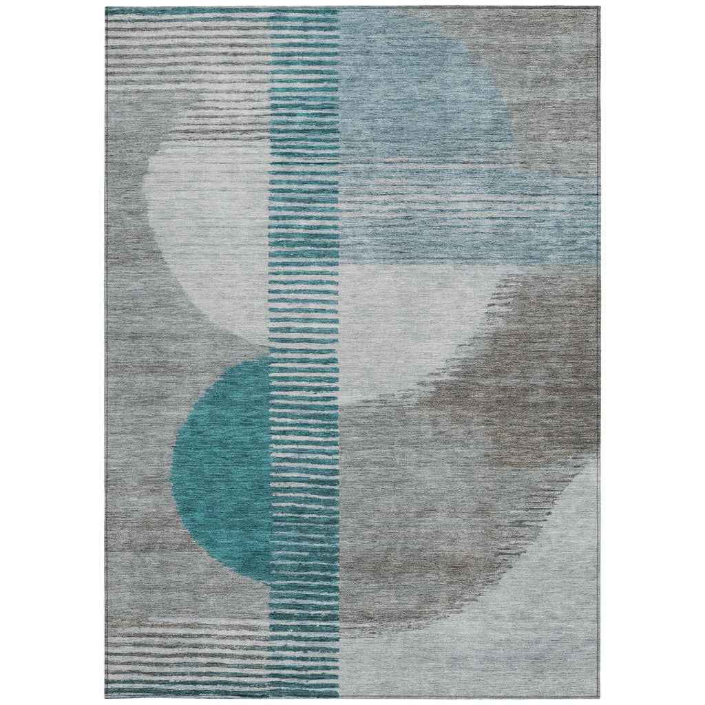 10' X 14' Teal Blue And Gray Geometric Washable Indoor Outdoor Area Rug