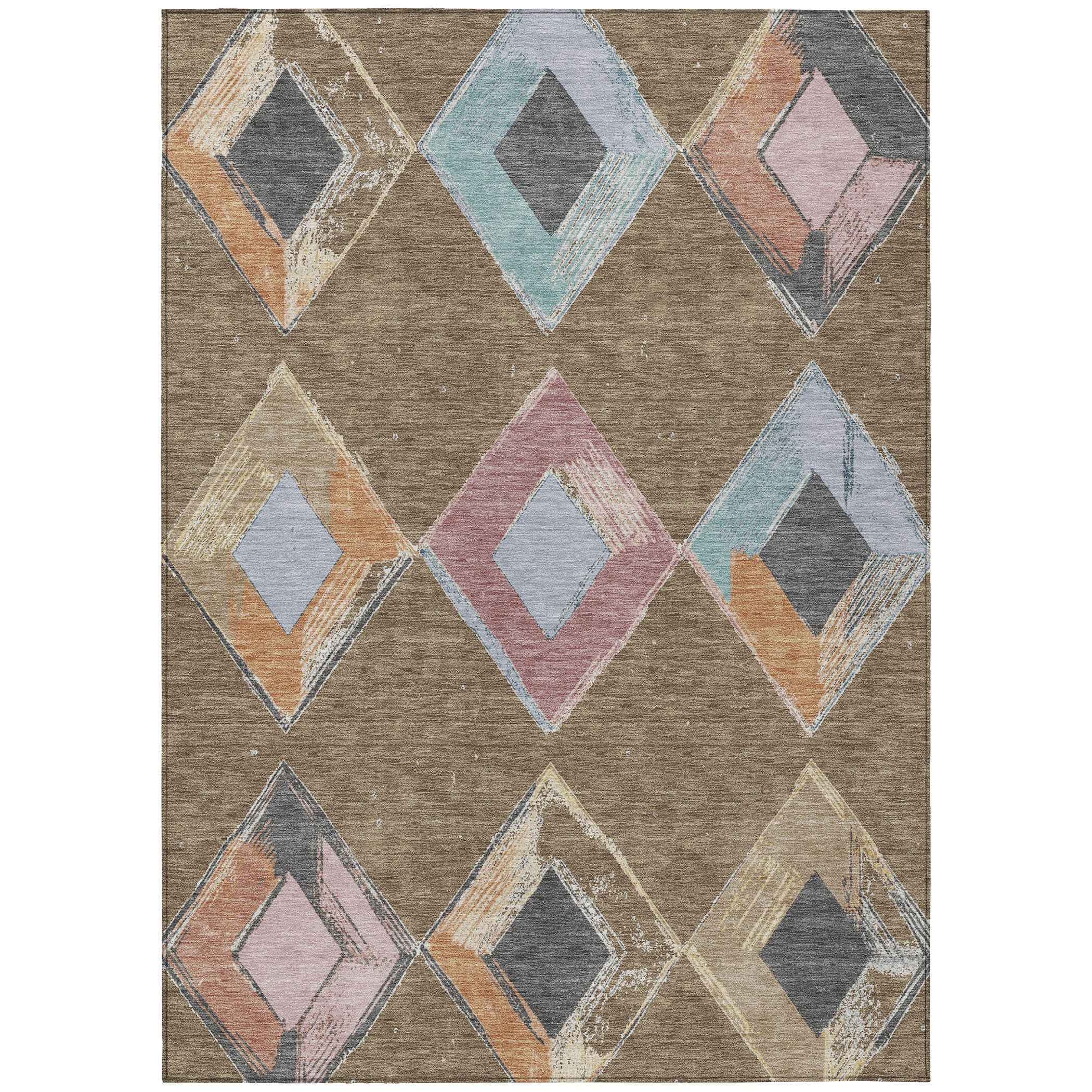 5' X 8' Brown Mauve And Charcoal Geometric Washable Indoor Outdoor Area Rug