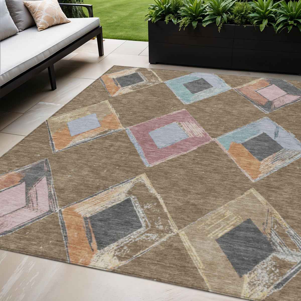 5' X 8' Brown Mauve And Charcoal Geometric Washable Indoor Outdoor Area Rug