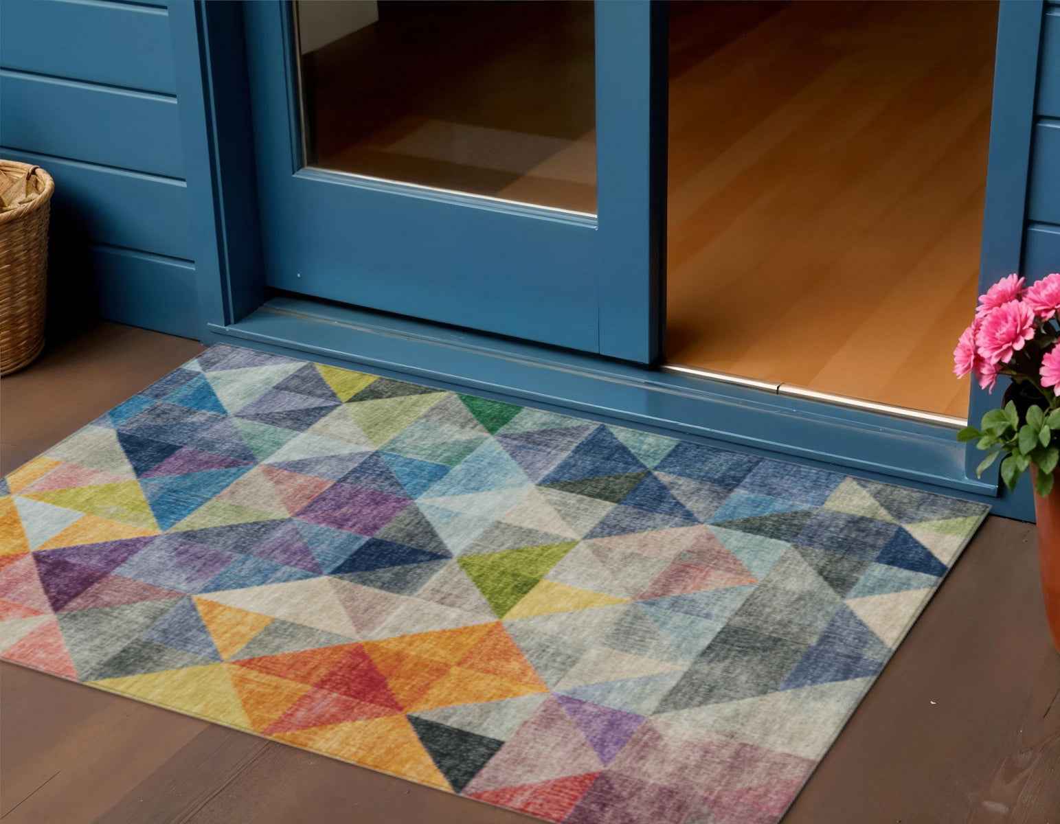 3' X 5' Beige Navy Blue And Orange Geometric Washable Indoor Outdoor Area Rug