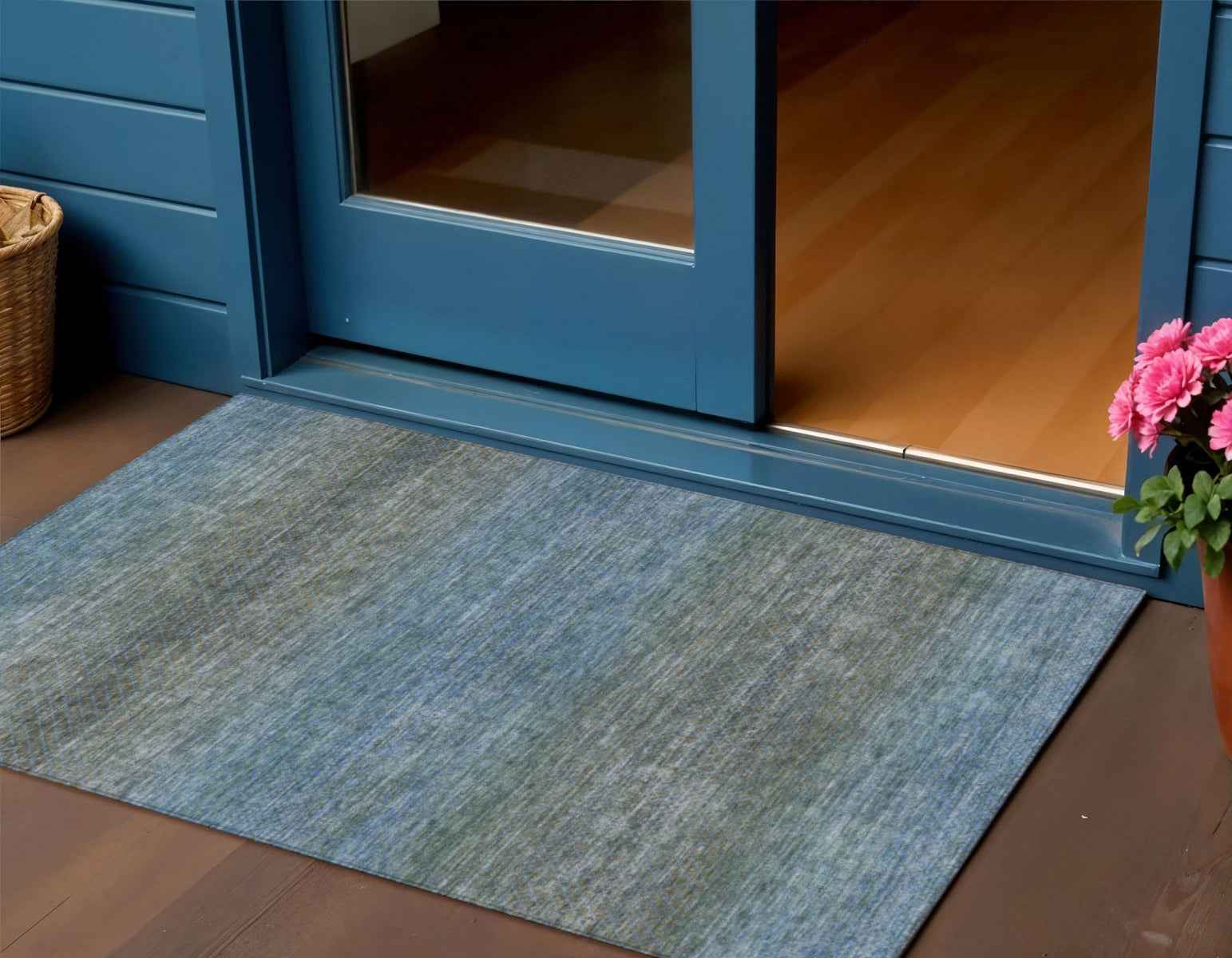 3' X 5' Blue And Taupe Geometric Washable Indoor Outdoor Area Rug