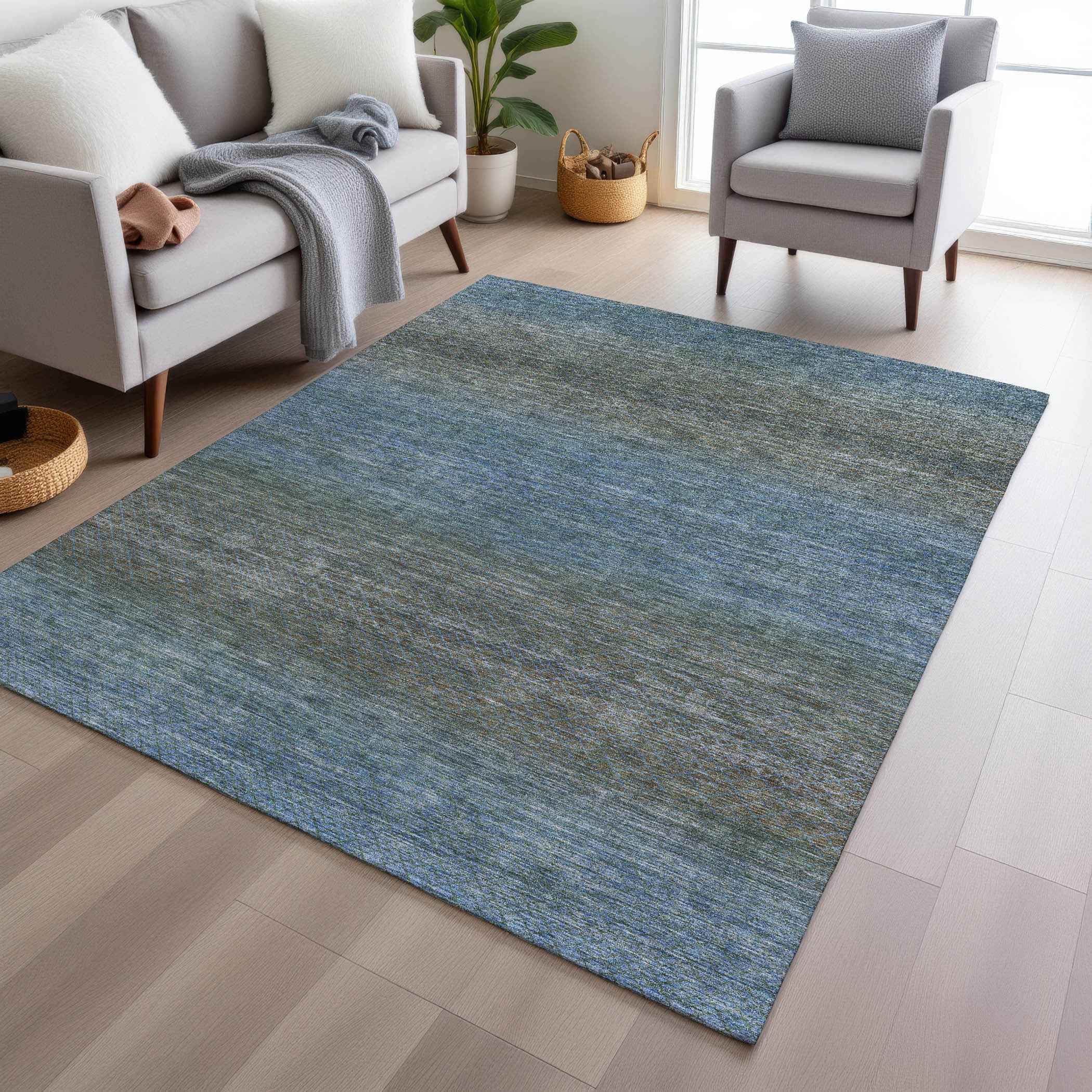 3' X 5' Blue And Taupe Geometric Washable Indoor Outdoor Area Rug