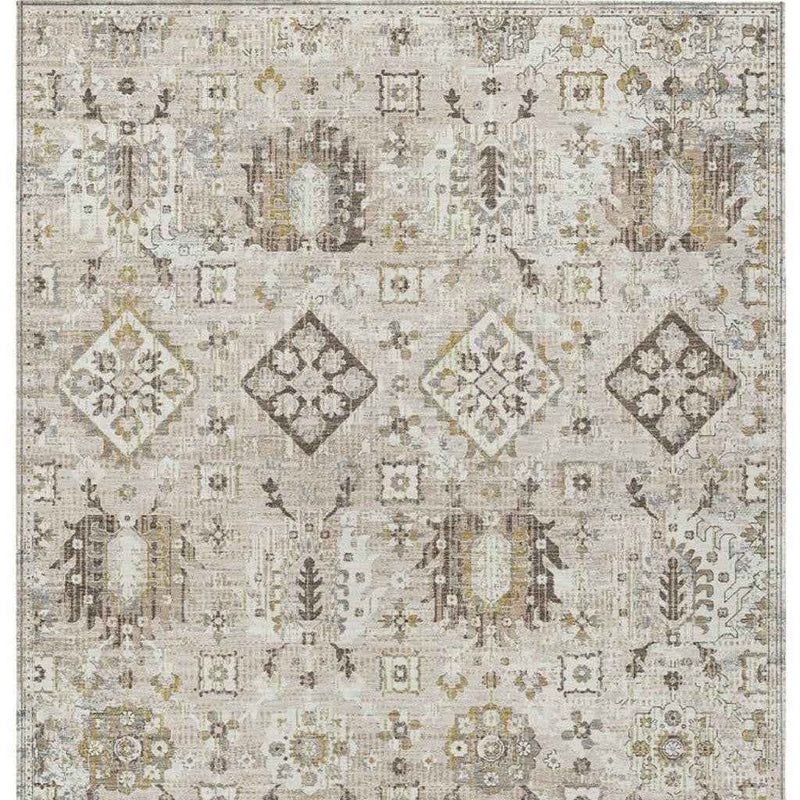 5' X 8' Linen And Ivory Floral Medallion Washable Indoor Outdoor Area Rug