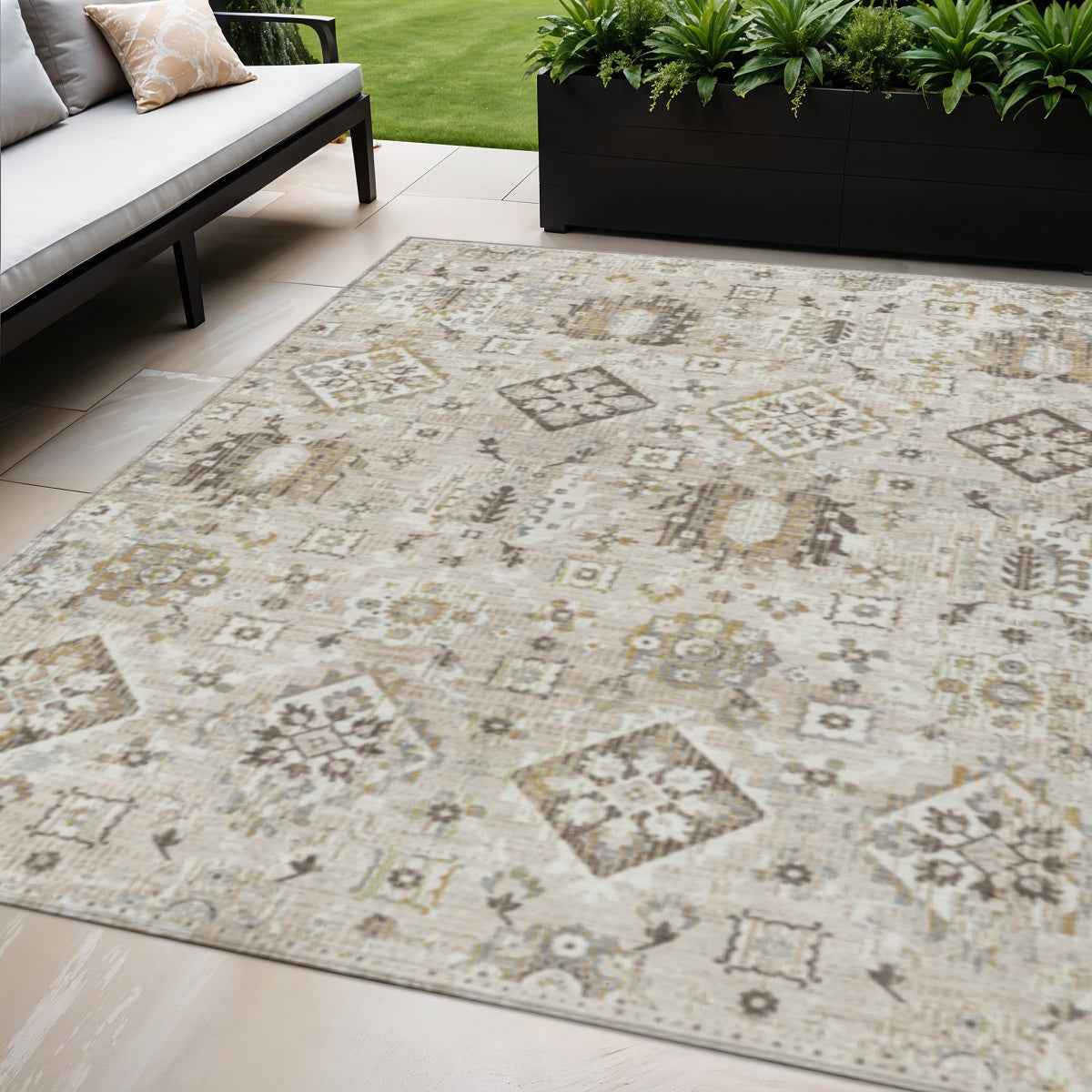 5' X 8' Linen And Ivory Floral Medallion Washable Indoor Outdoor Area Rug