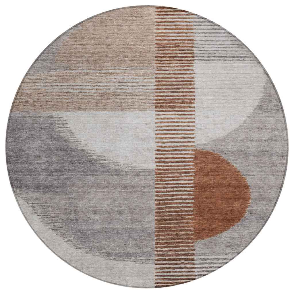 8' Taupe And Rust Round Geometric Washable Indoor Outdoor Area Rug