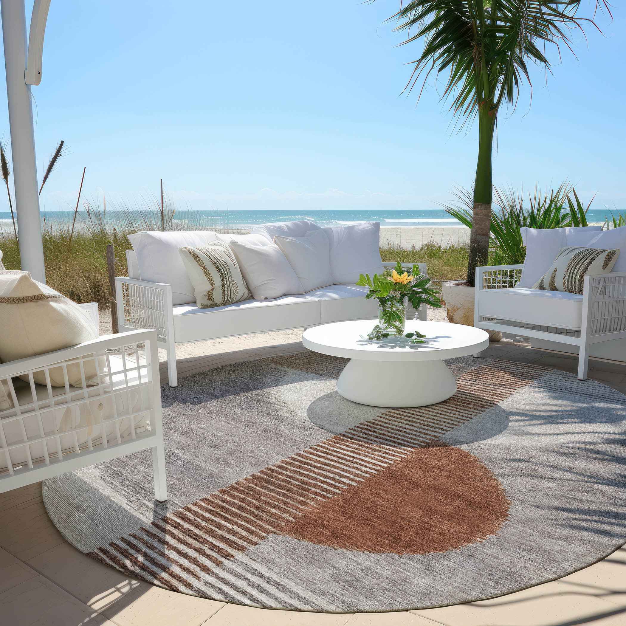 8' Taupe And Rust Round Geometric Washable Indoor Outdoor Area Rug