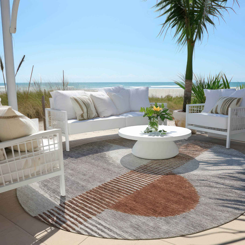 8' Taupe And Rust Round Geometric Washable Indoor Outdoor Area Rug