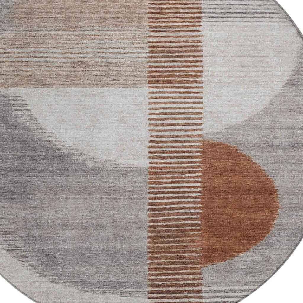 8' Taupe And Rust Round Geometric Washable Indoor Outdoor Area Rug