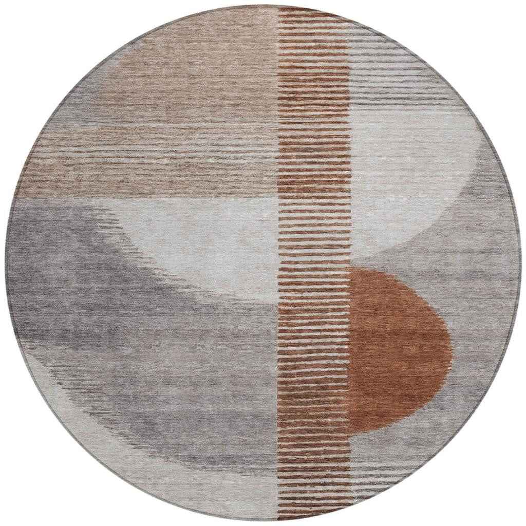 8' Taupe And Rust Round Geometric Washable Indoor Outdoor Area Rug