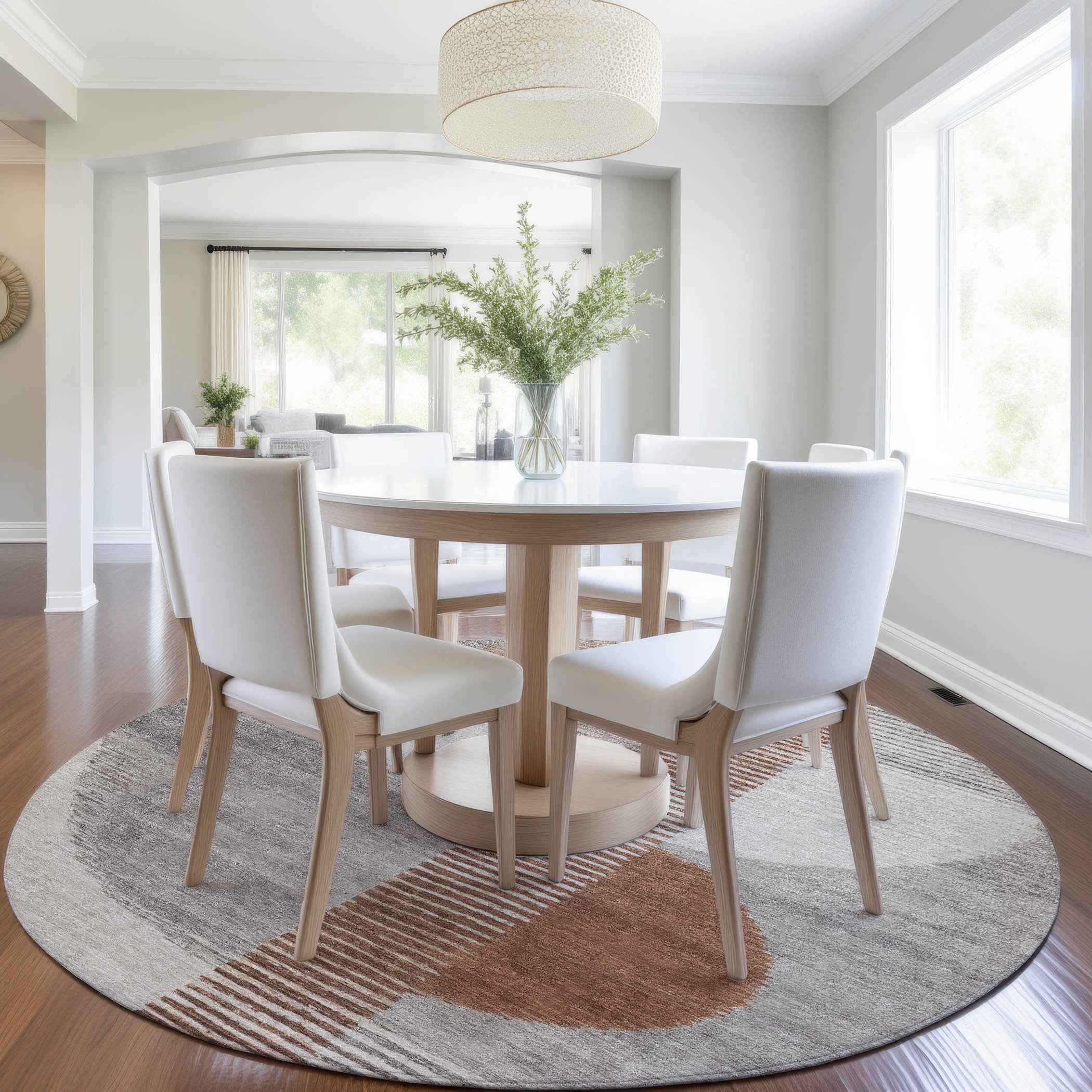 8' Taupe And Rust Round Geometric Washable Indoor Outdoor Area Rug