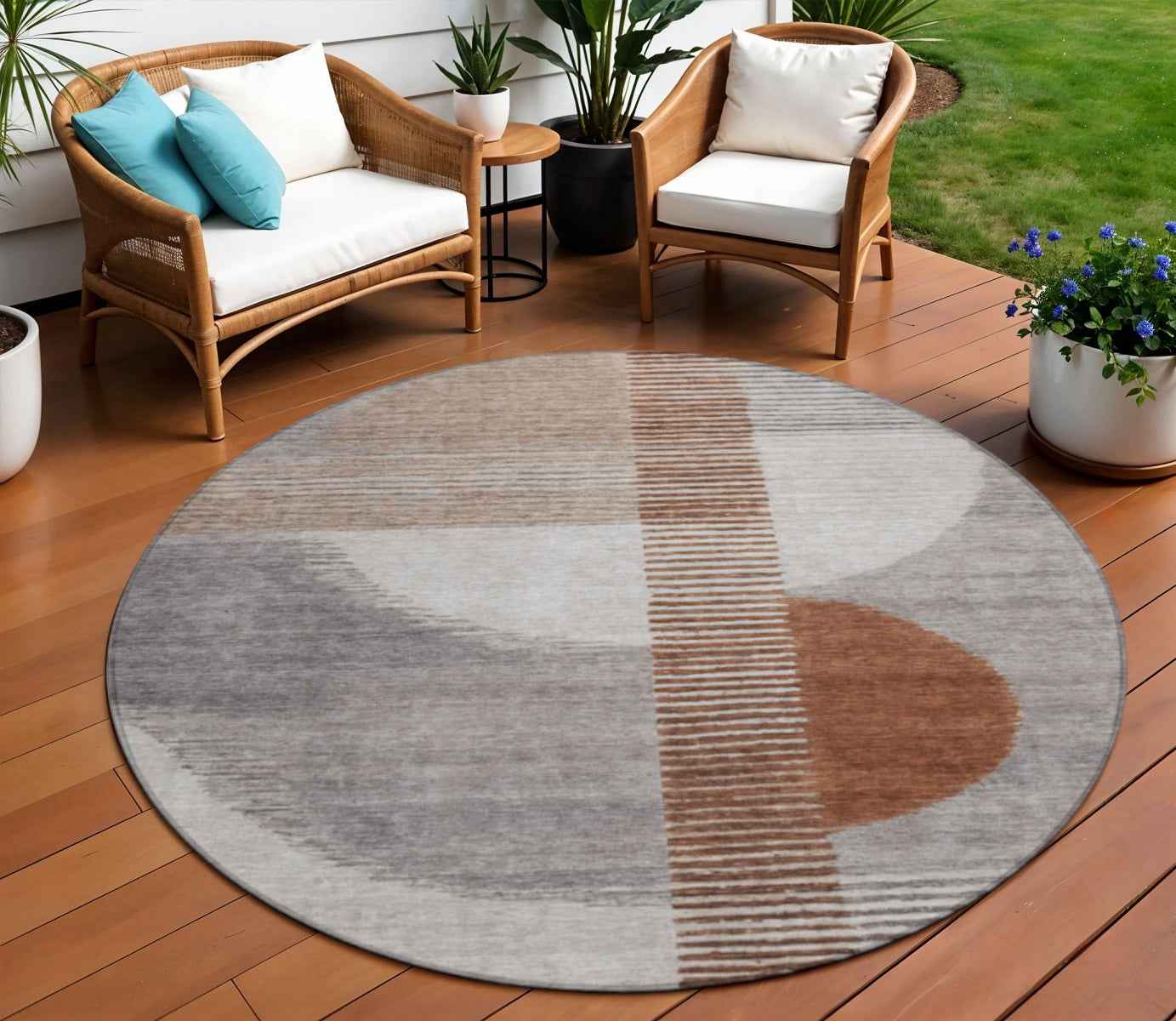 8' Taupe And Rust Round Geometric Washable Indoor Outdoor Area Rug