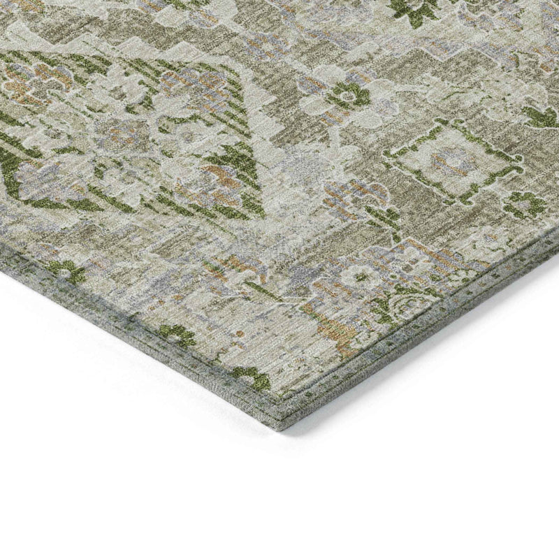 5' X 8' Fern Green And Beige Floral Medallion Washable Indoor Outdoor Area Rug